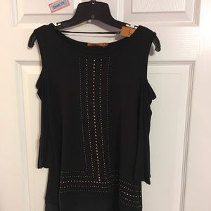 Cut out shoulder studded dress.